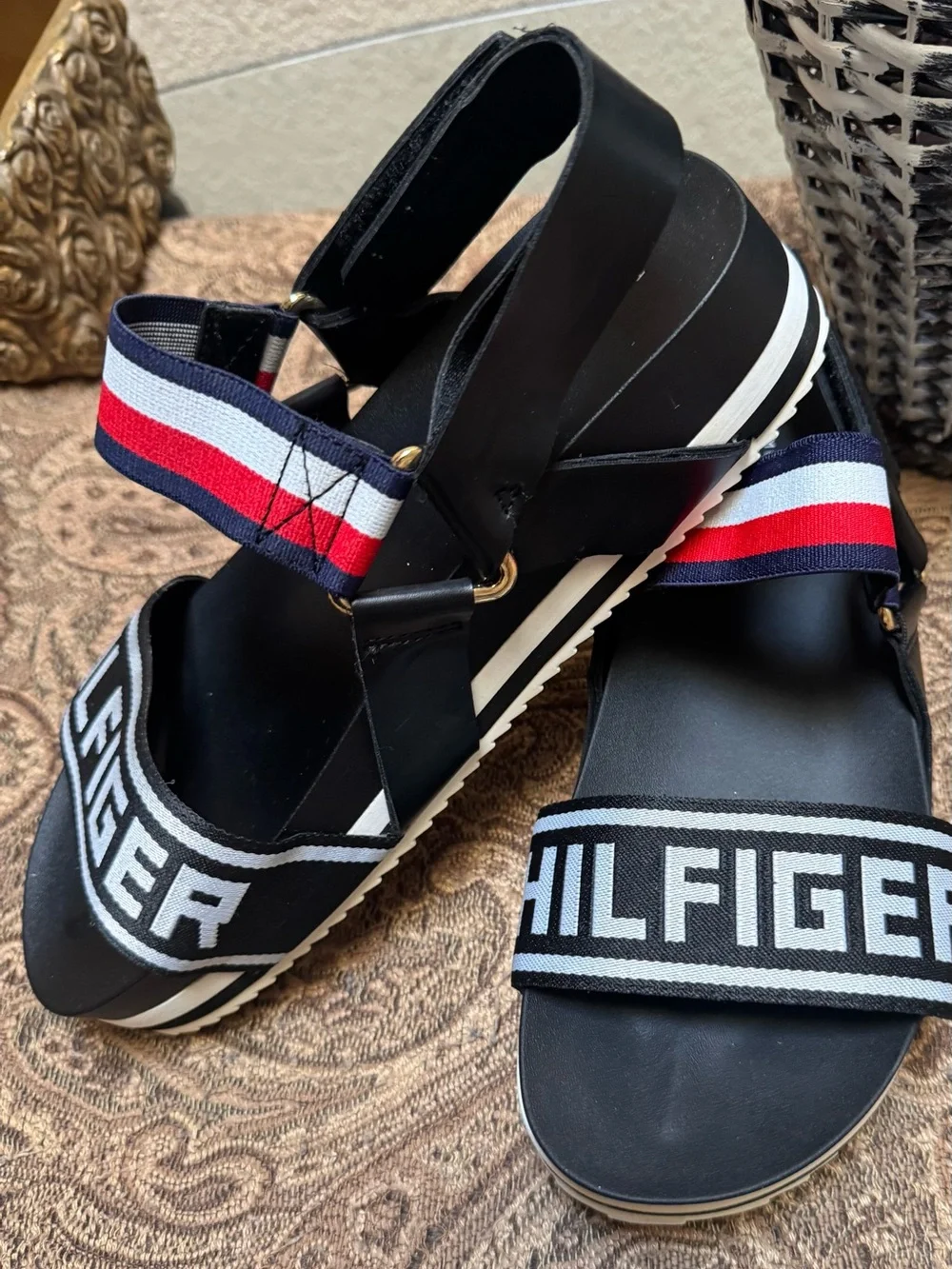 Tommy Hilfiger Black Sandals with Red White Blue Straps